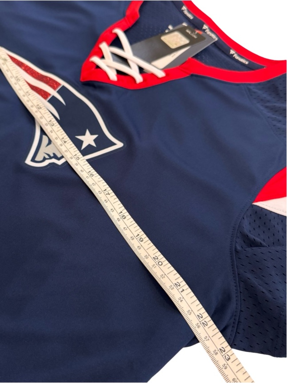 Fanatics Navy Red White New England Patriots Lace-Up Fan Jersey Top - Picture 10 of 11